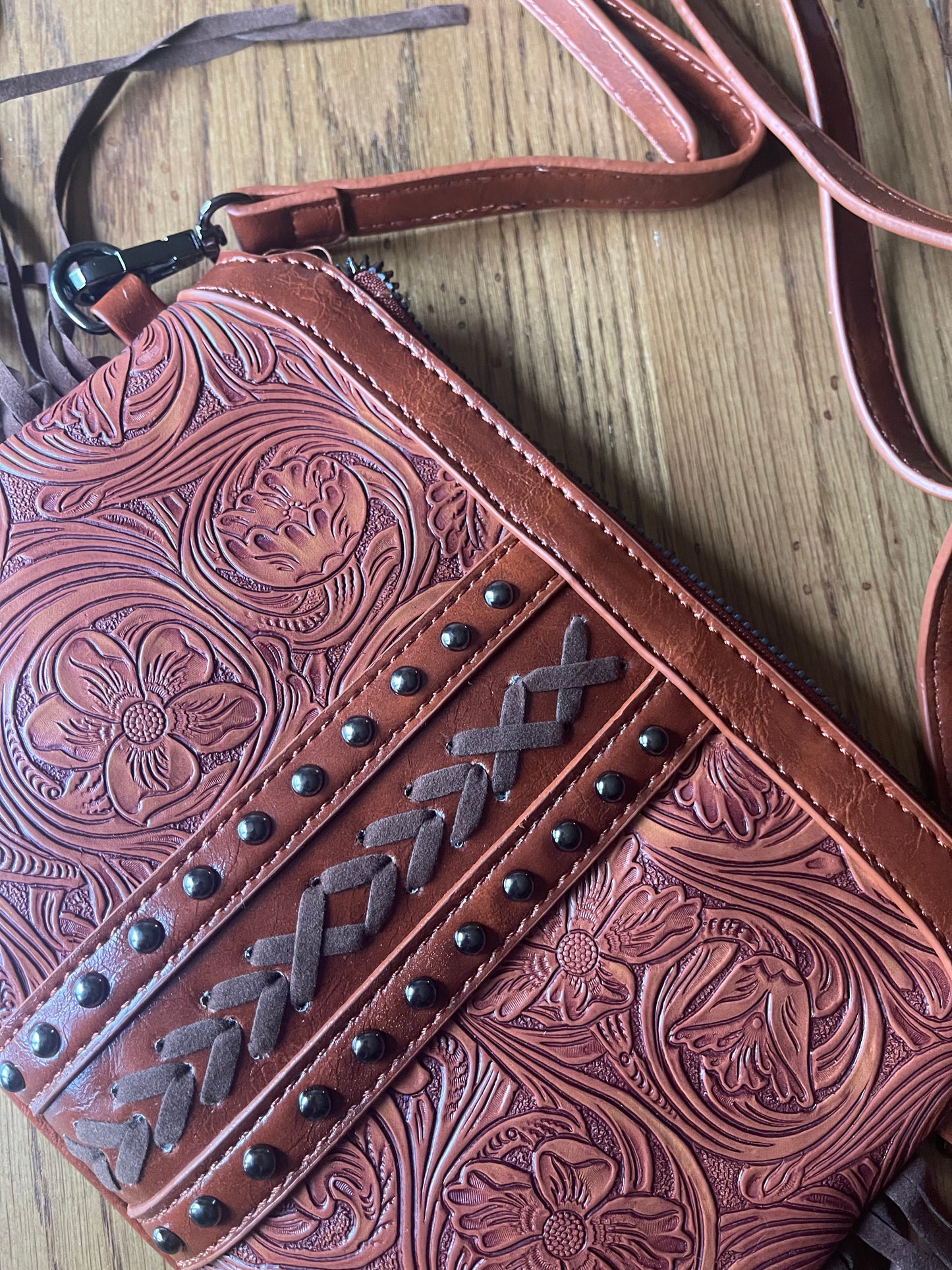 Tooled crossbody bag