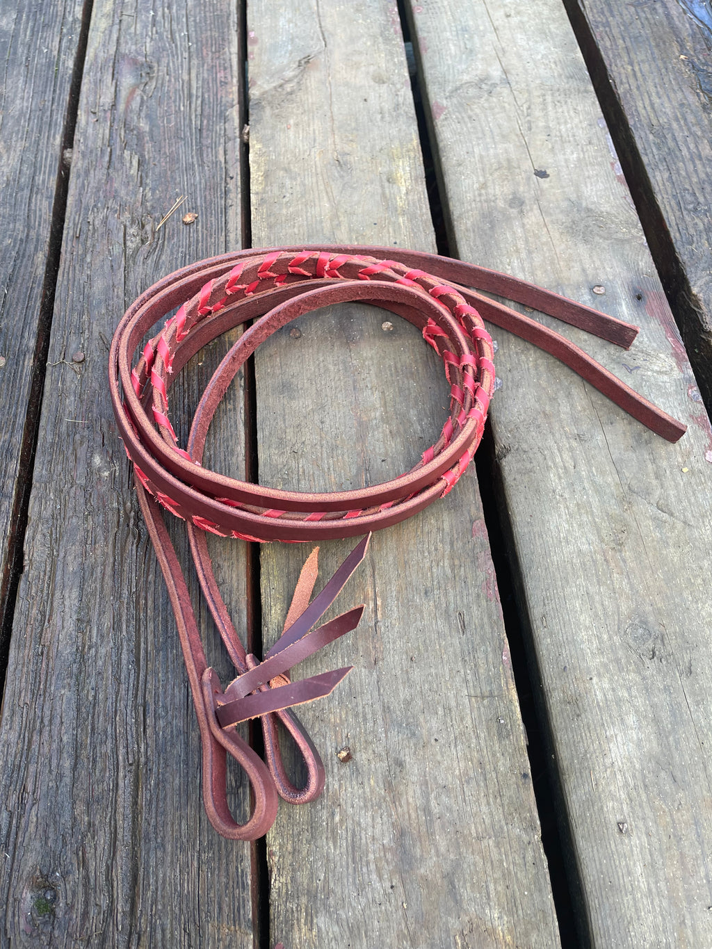 Brown with red lace split reins- 6.5 ft long