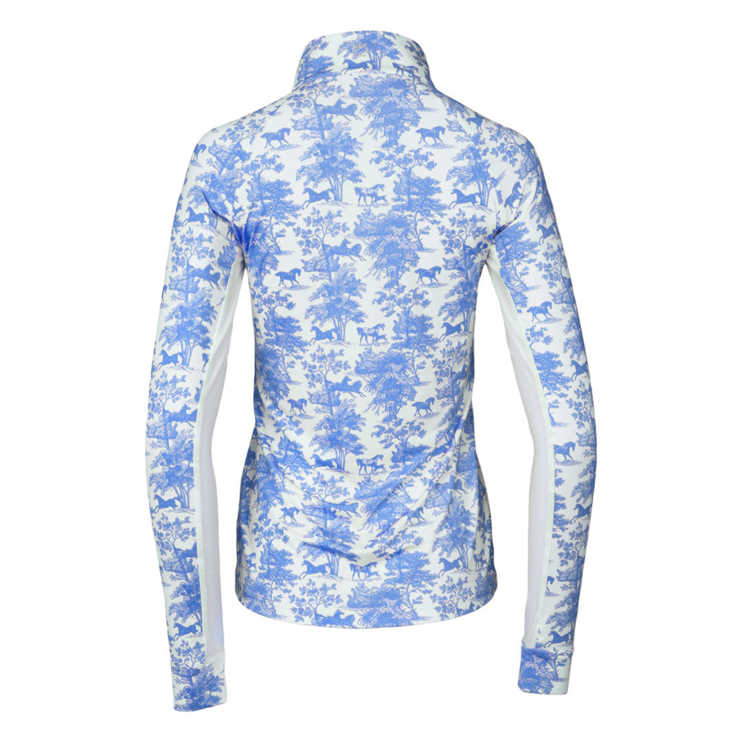 Dapplebay Equestrian Toile 1/4 Zip Light Riding Top - Long Sleeve-Blue/White
