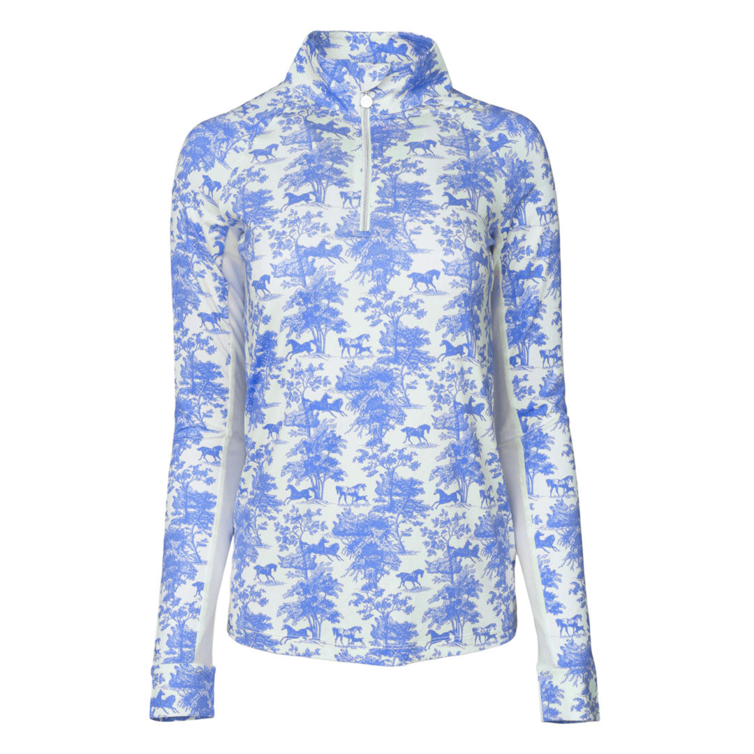 Dapplebay Equestrian Toile 1/4 Zip Light Riding Top - Long Sleeve-Blue/White