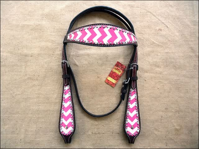 HILASON Western Horse Genuine Leather Headstall & Breast Collar Set Pink Zigzag