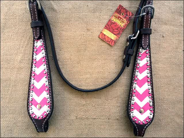 HILASON Western Horse Genuine Leather Headstall & Breast Collar Set Pink Zigzag
