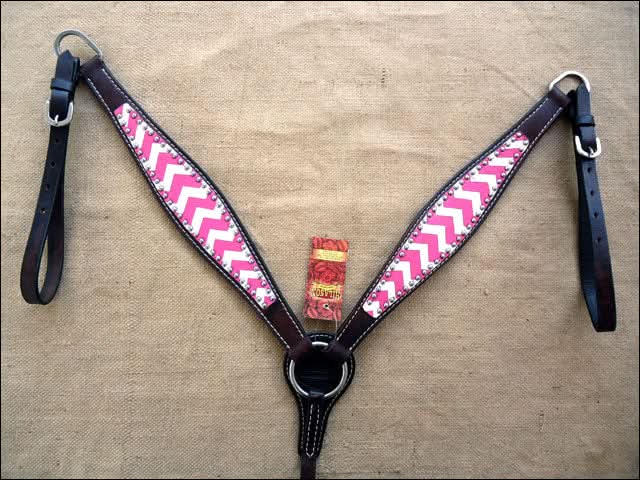 HILASON Western Horse Genuine Leather Headstall & Breast Collar Set Pink Zigzag
