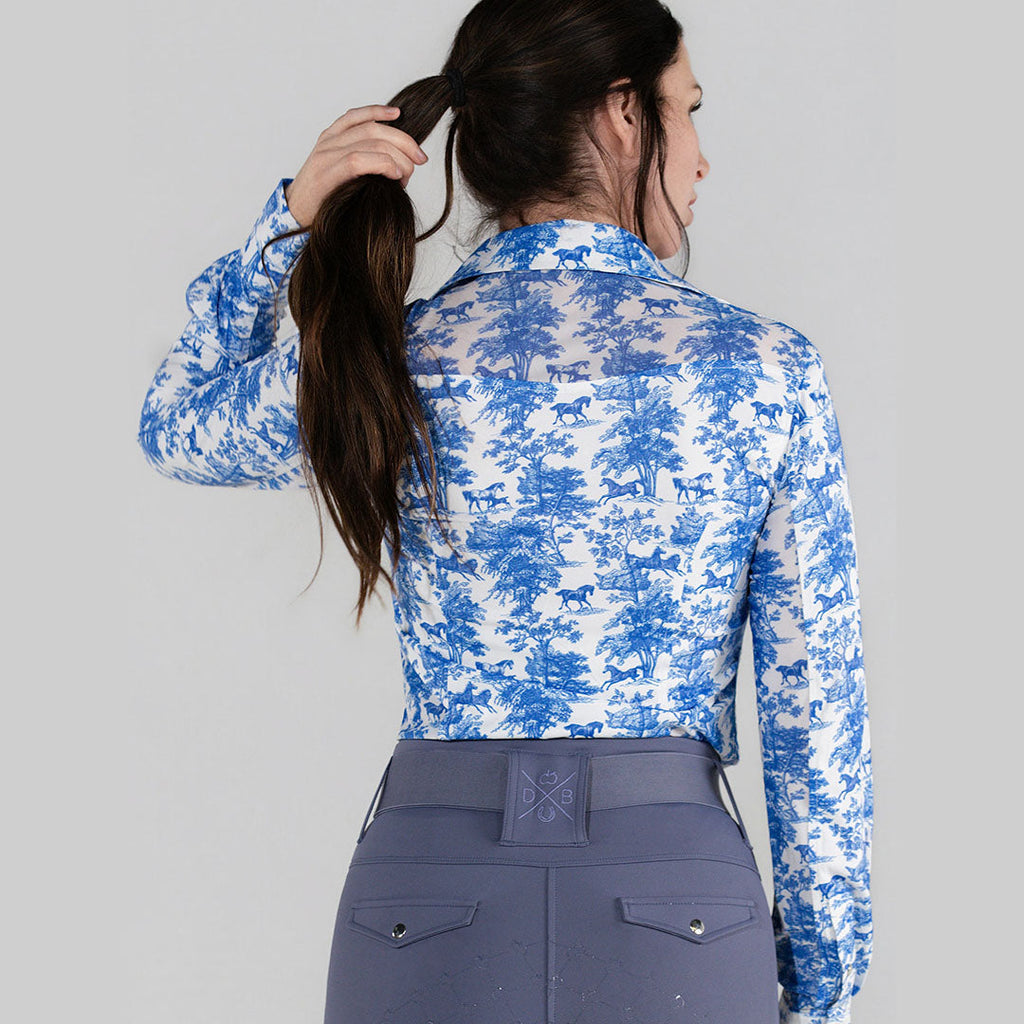 Dapplebay Equestrian Toile Button Down Western Shirt-Blue/White