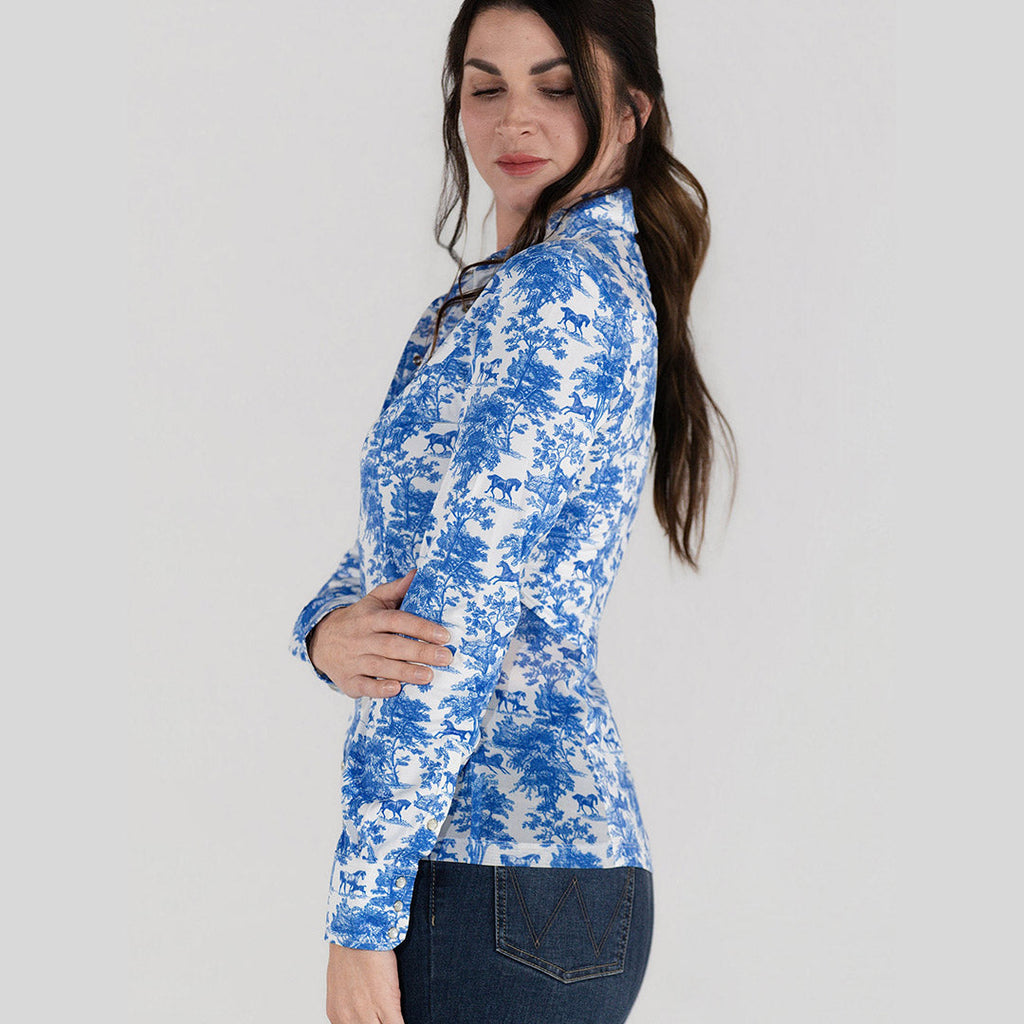 Dapplebay Equestrian Toile Button Down Western Shirt-Blue/White