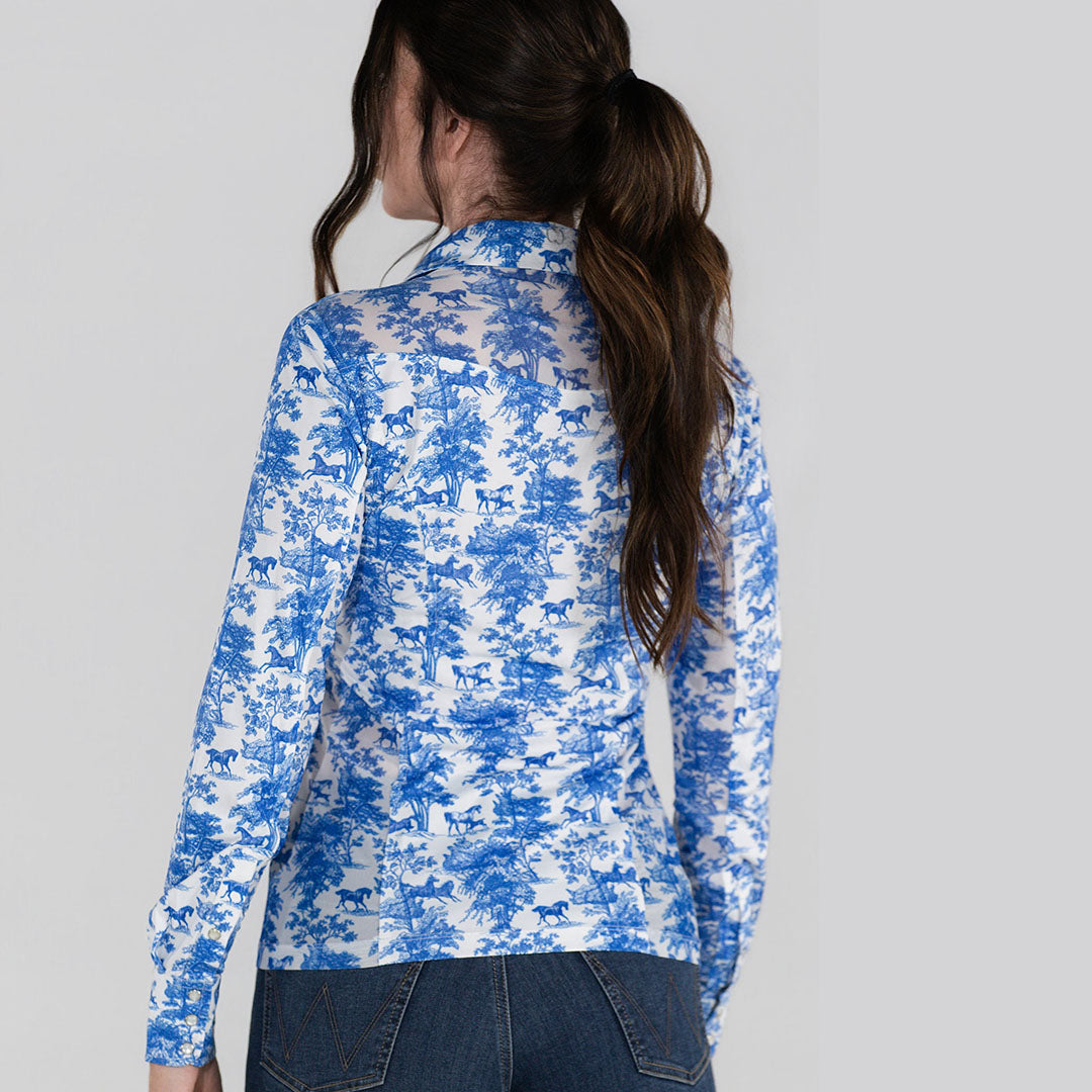 Dapplebay Equestrian Toile Button Down Western Shirt-Blue/White
