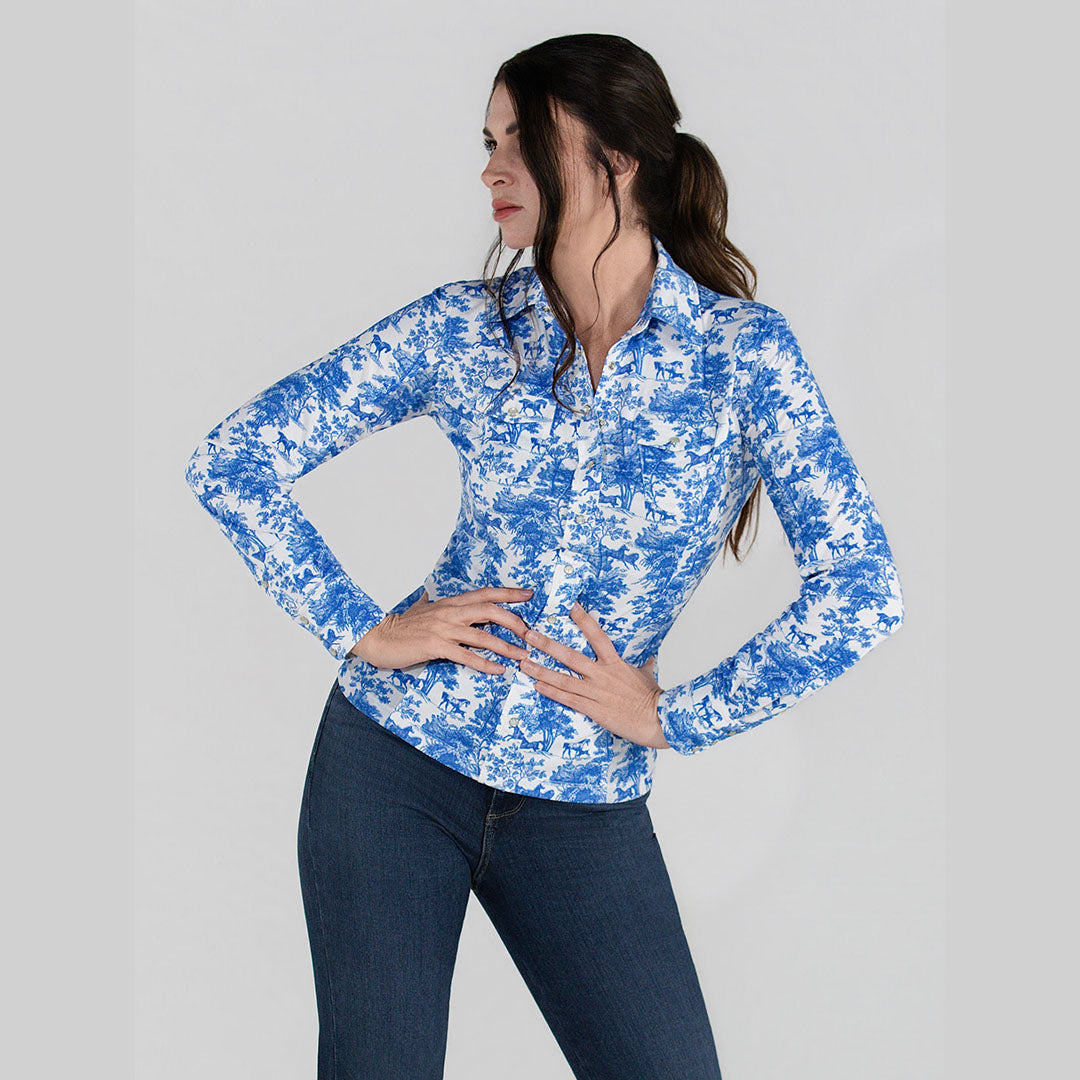 Dapplebay Equestrian Toile Button Down Western Shirt-Blue/White