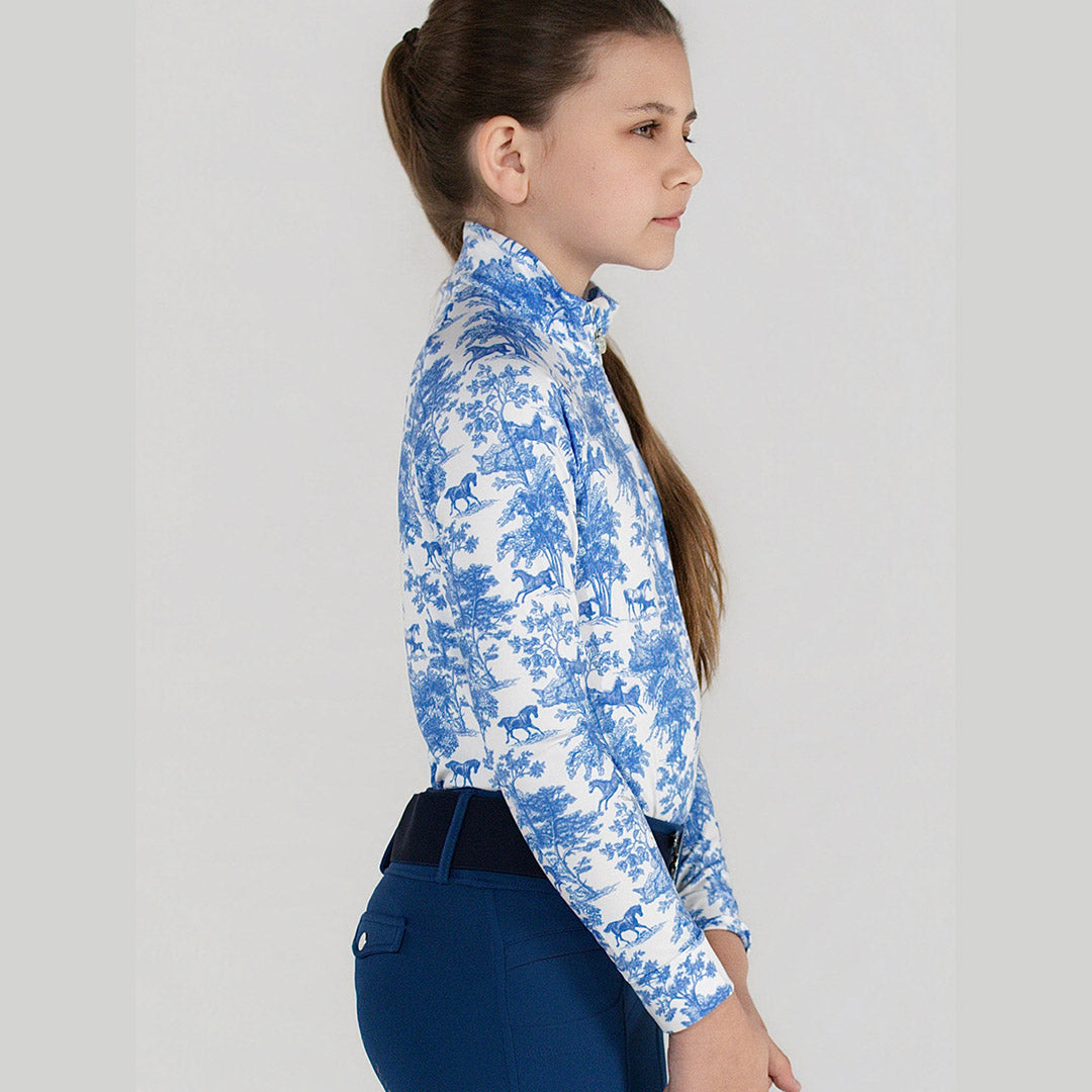 Dapplebay Kids Blue Equestrian Toile 1/4 Zip - Long Sleeve