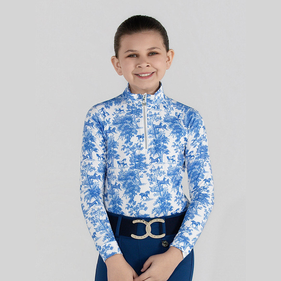 Dapplebay Kids Blue Equestrian Toile 1/4 Zip - Long Sleeve