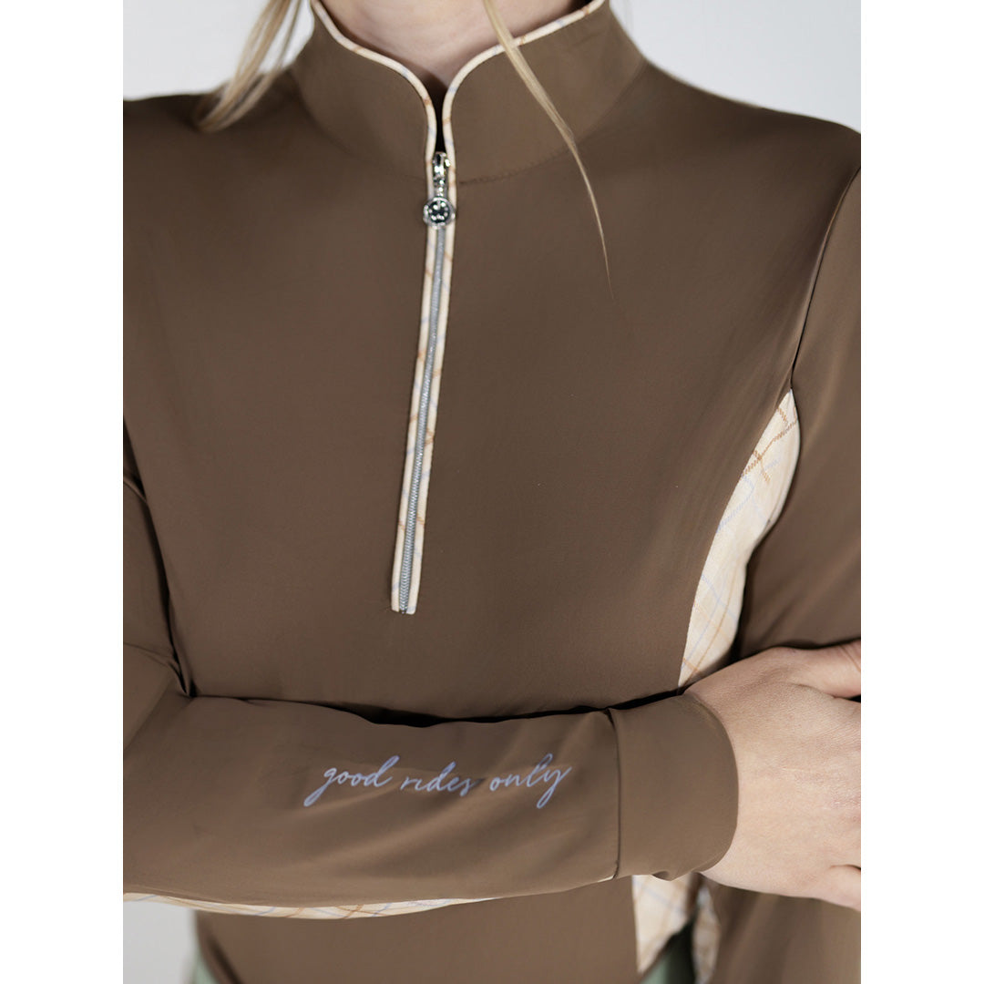 Dapplebay Grace 1/4 Zip LS Riding Top-Chestnut/Spring Plaid