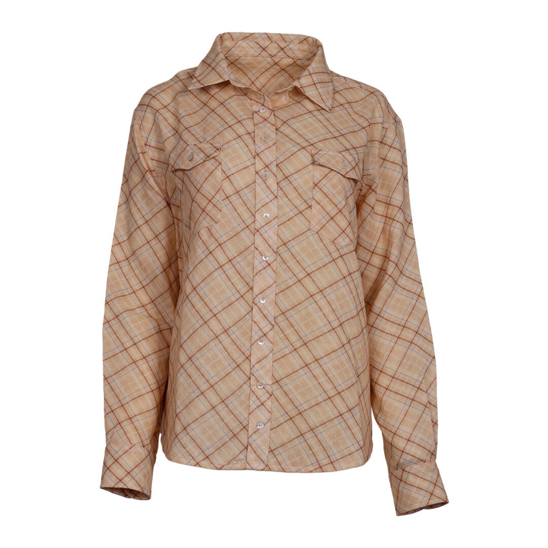 Dapplebay Spring Plaid Breezy Button Up Top-Tan