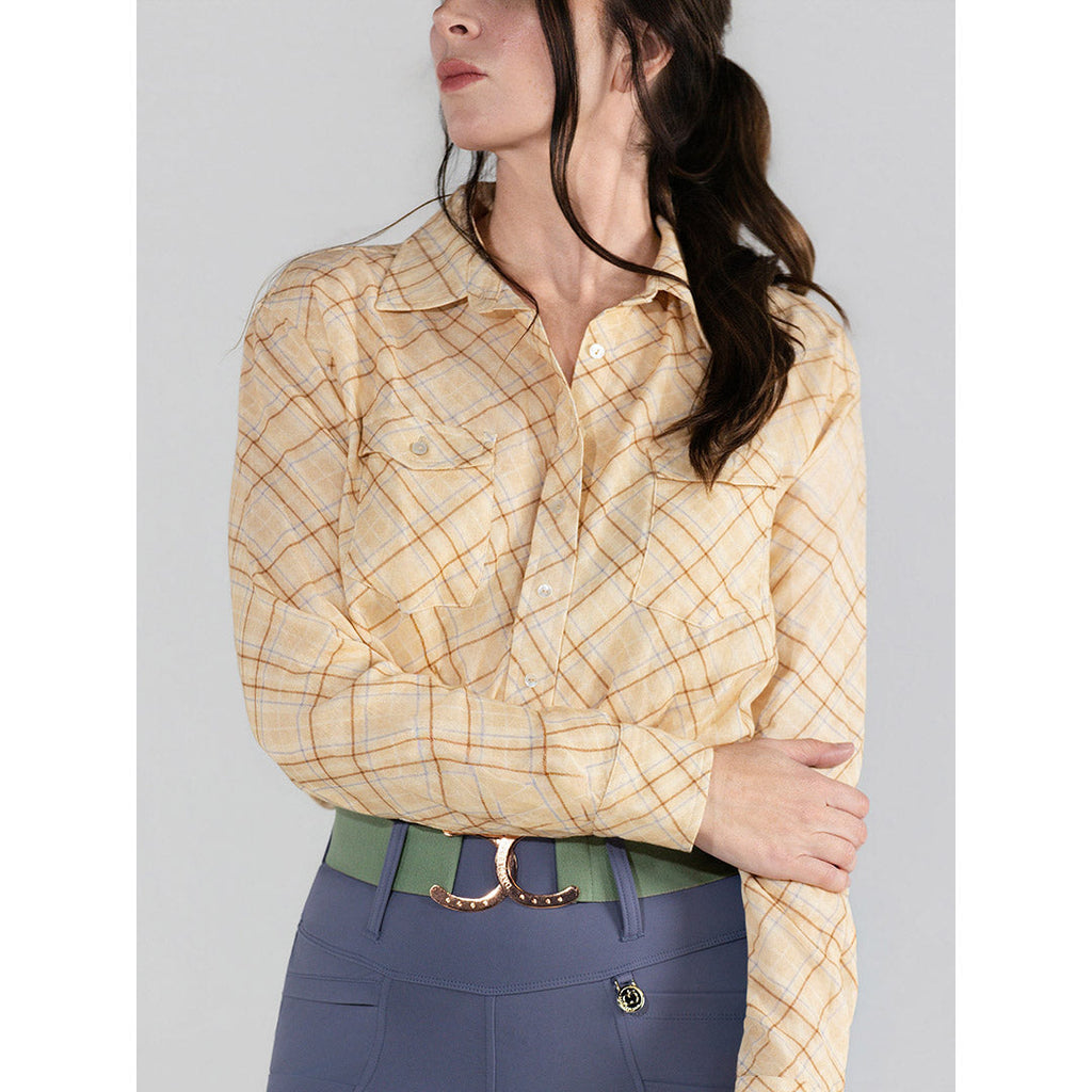 Dapplebay Spring Plaid Breezy Button Up Top-Tan