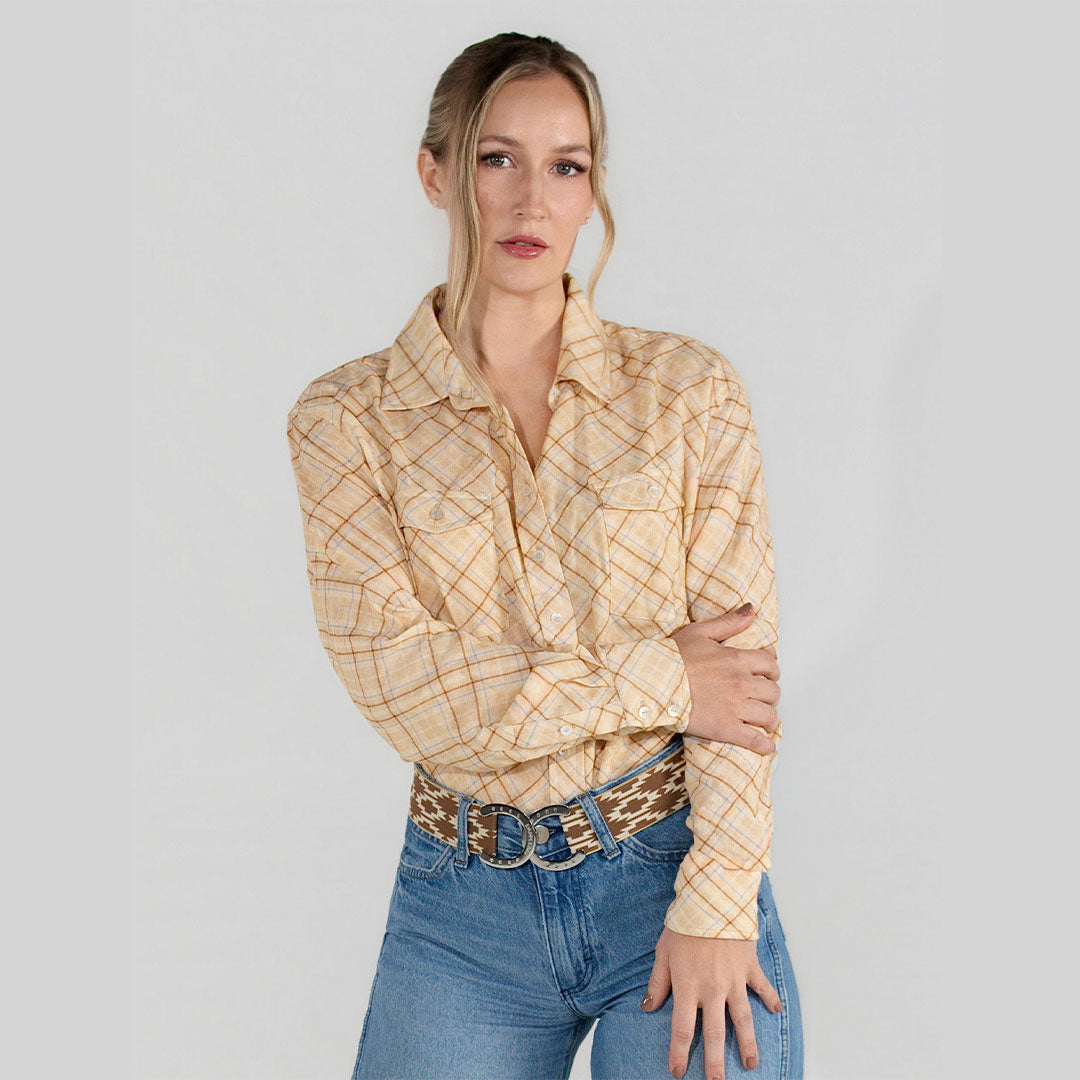 Dapplebay Spring Plaid Breezy Button Up Top-Tan