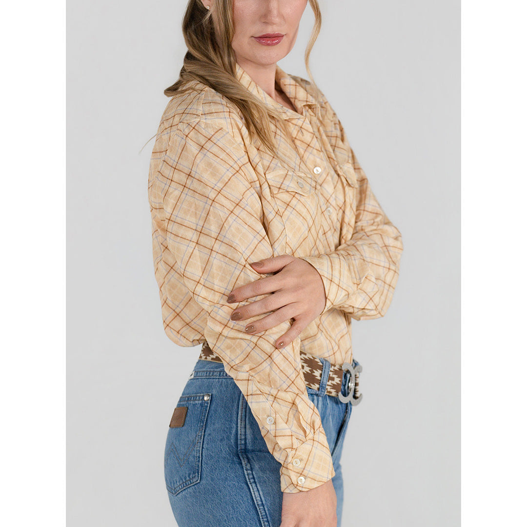 Dapplebay Spring Plaid Breezy Button Up Top-Tan