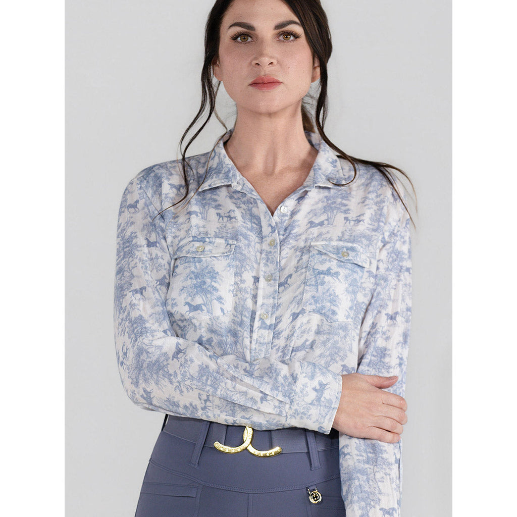 Dapplebay Equestrian Toile Breezy Button Up Top-Moonrise