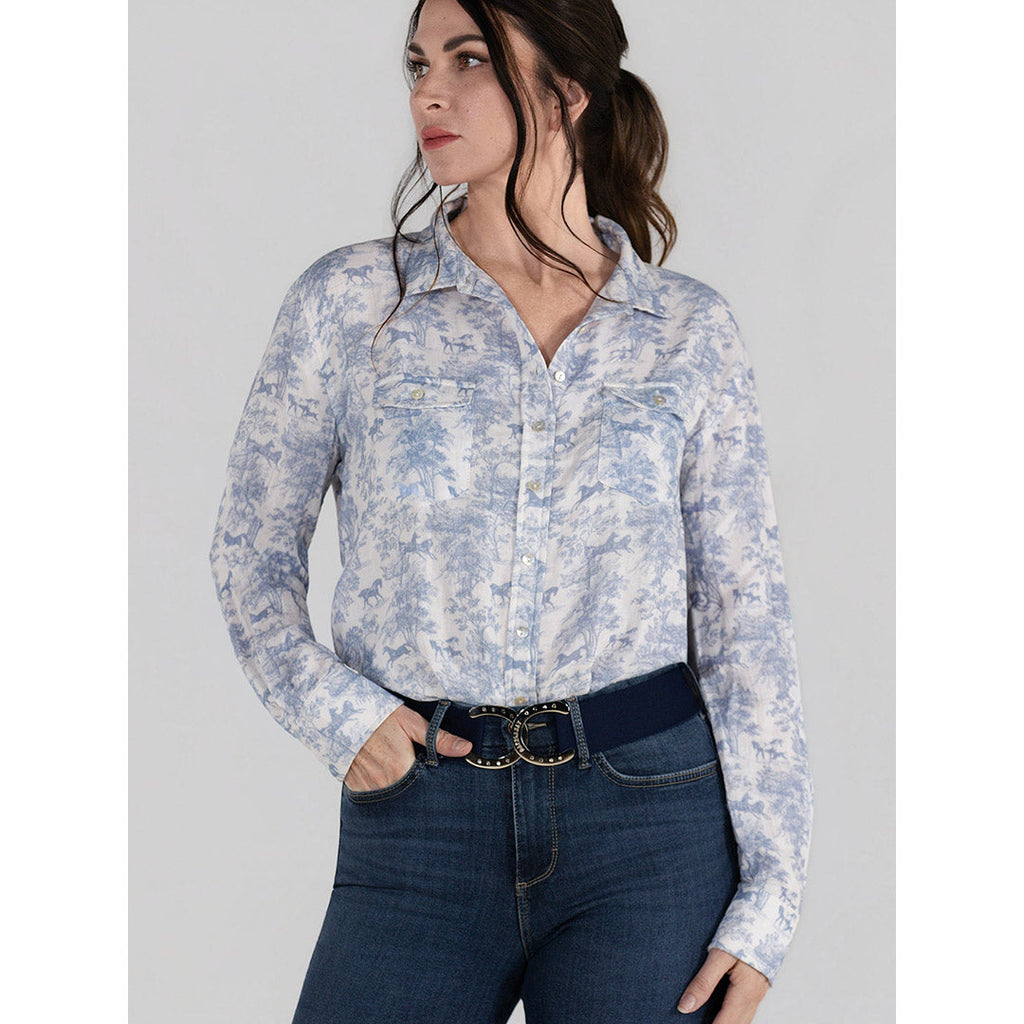 Dapplebay Equestrian Toile Breezy Button Up Top-Moonrise
