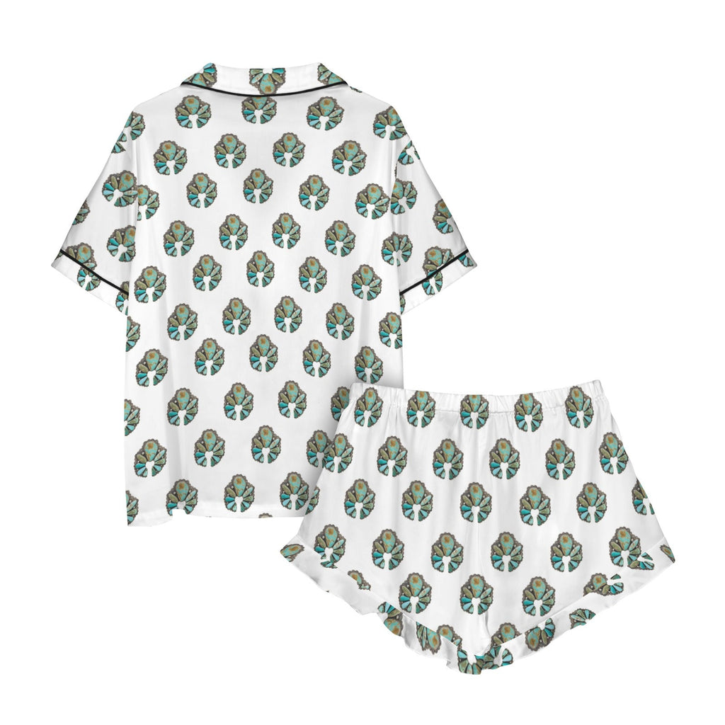 Turquoise Naja White Satin Ruffle Pajama Set