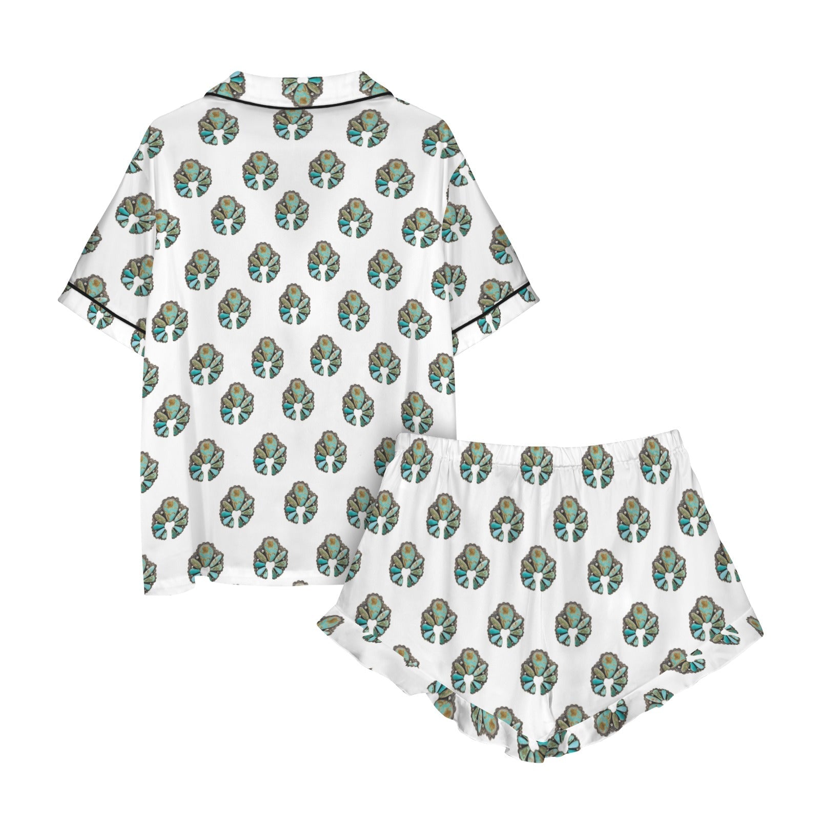 Turquoise Naja White Satin Ruffle Pajama Set