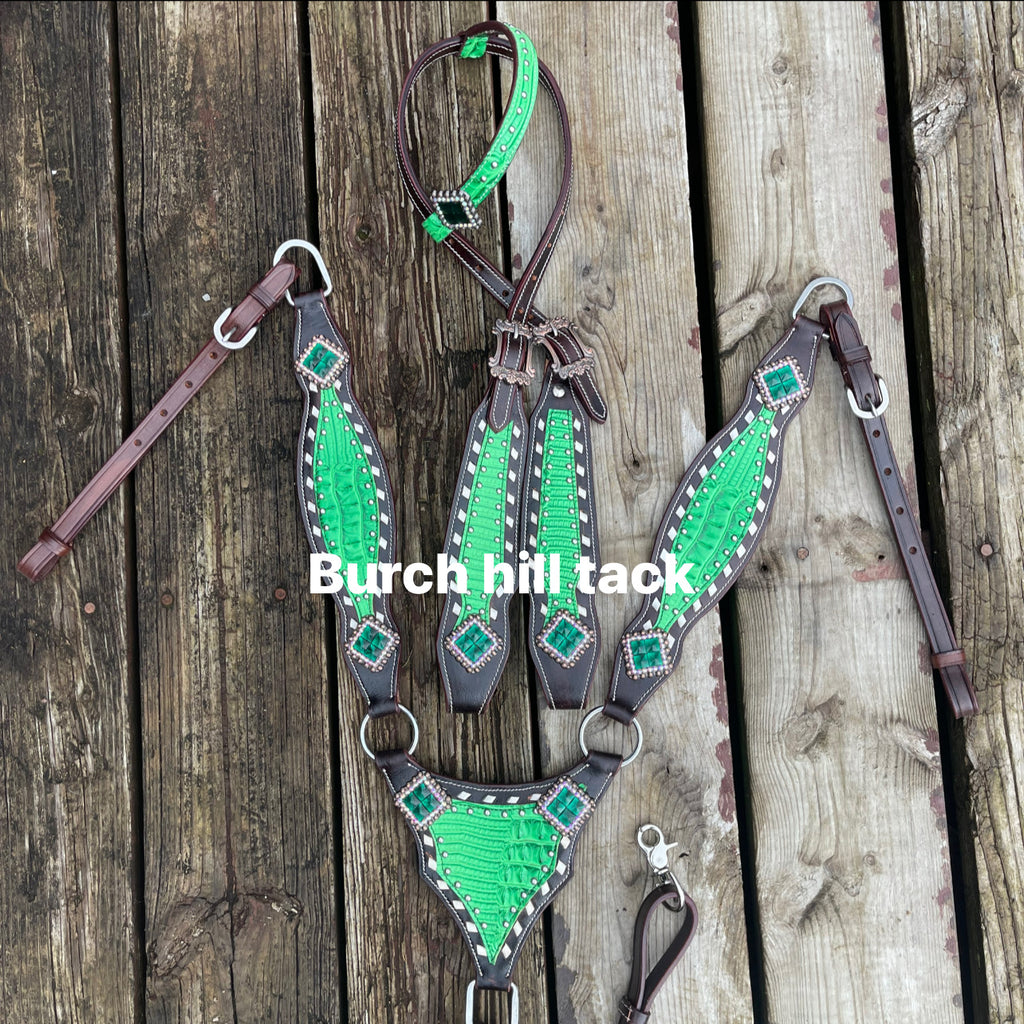 Pre Order Dark brown tack set with Lime green accent