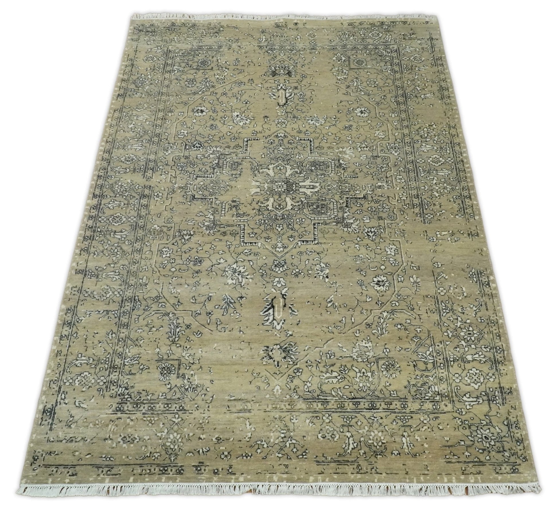 6x9 Fine Hand Knotted Beige and Black Traditional Vintage Persian Style Antique Wool Rug
