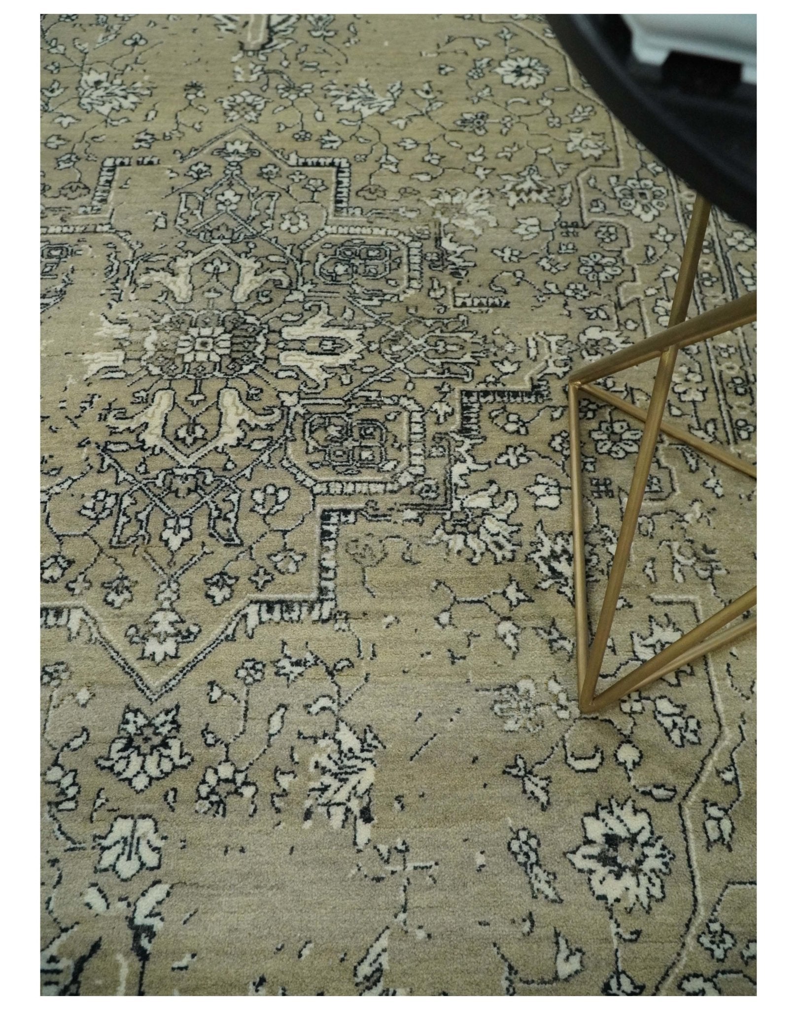 6x9 Fine Hand Knotted Beige and Black Traditional Vintage Persian Style Antique Wool Rug