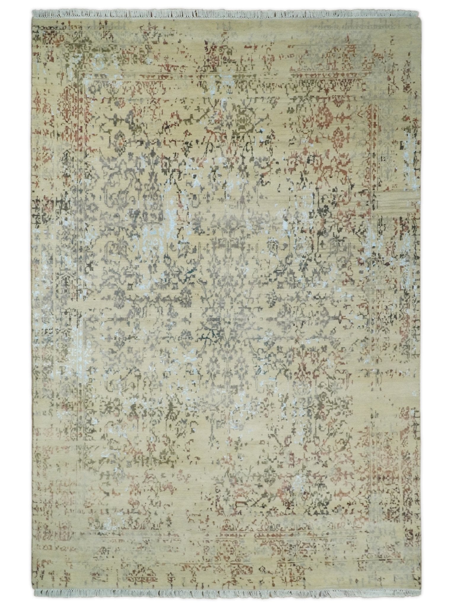 6x9 Fine Hand Knotted Beige and Rust Vintage Persian Style Antique Wool and Silk Rug
