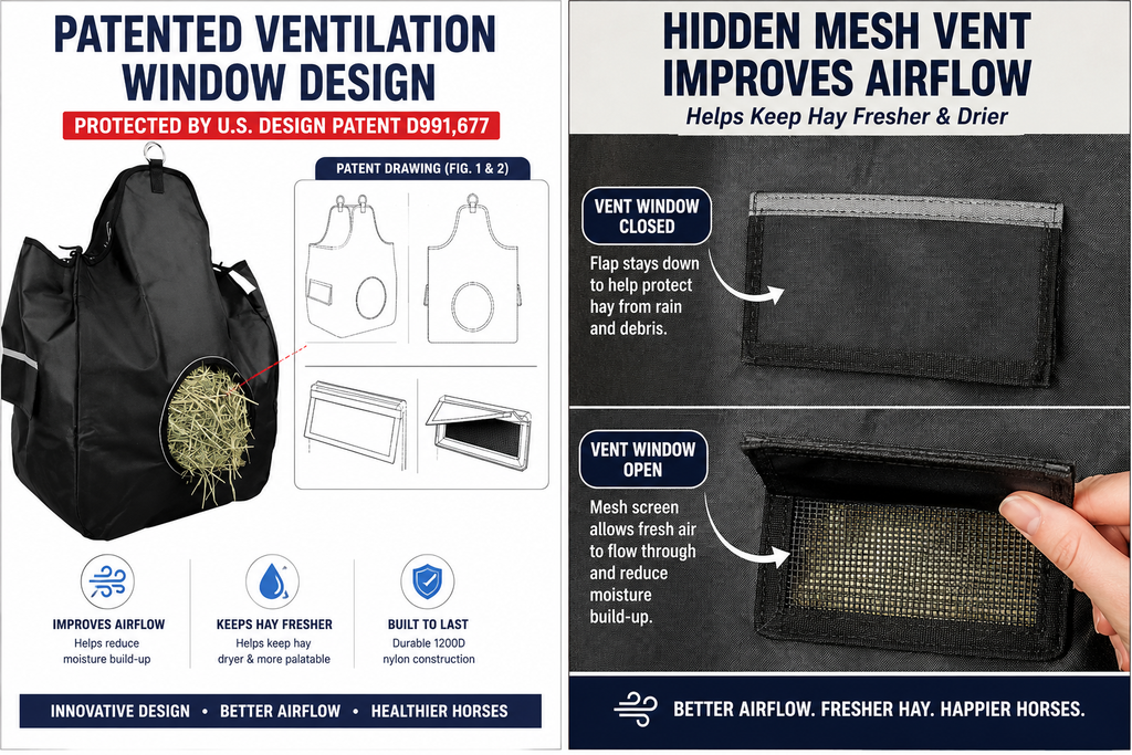 Patented Ventilated Horse Hay Bag – Heavy Duty 1200D Slow Feed Design, Holds 2-3 Flakes, 6-Month Warranty