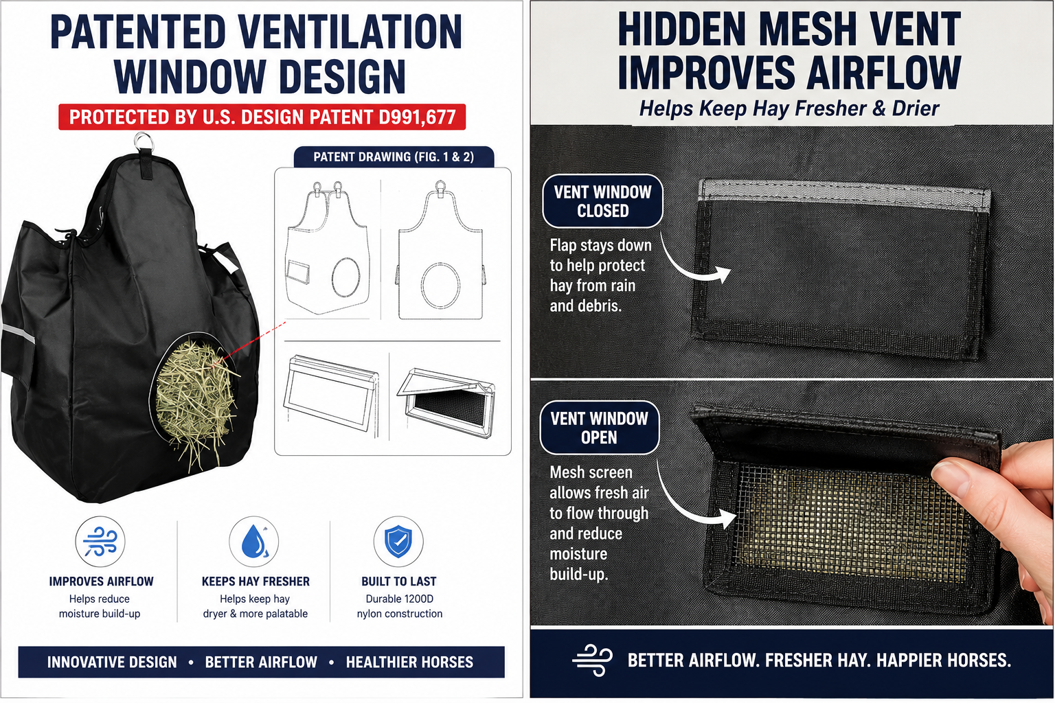 Patented Ventilated Horse Hay Bag – Heavy Duty 1200D Slow Feed Design, Holds 2-3 Flakes, 6-Month Warranty