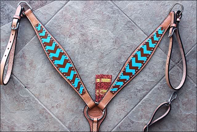HILASON Western Horse Genuine Leather Headstall & Breast Collar Set Turquoise & Brown Zigzag