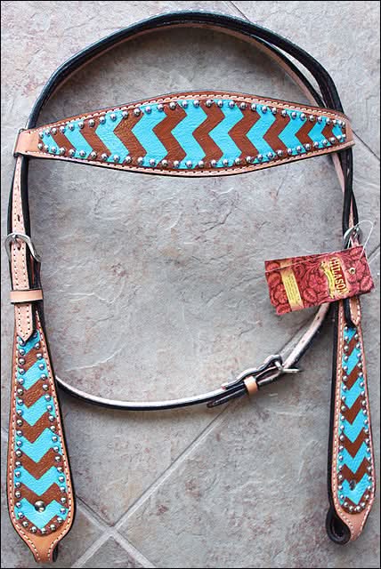 HILASON Western Horse Genuine Leather Headstall & Breast Collar Set Turquoise & Brown Zigzag