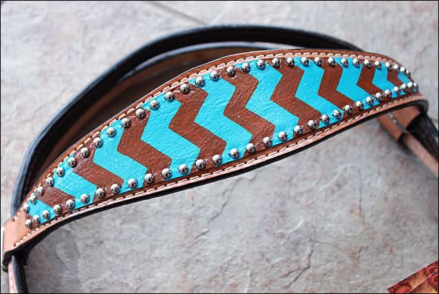 HILASON Western Horse Genuine Leather Headstall & Breast Collar Set Turquoise & Brown Zigzag