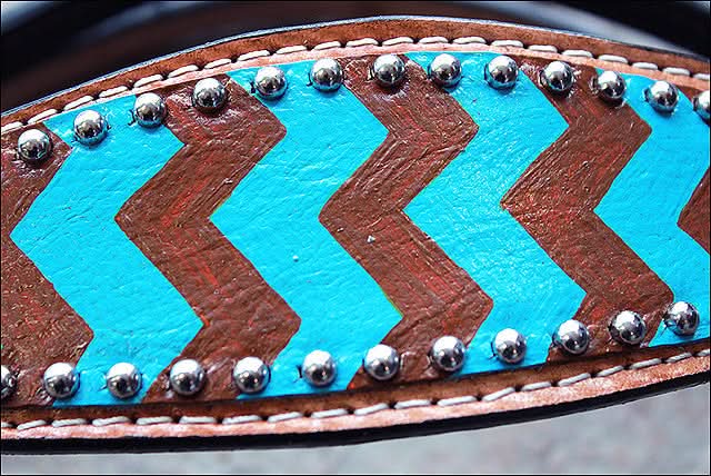 HILASON Western Horse Genuine Leather Headstall & Breast Collar Set Turquoise & Brown Zigzag