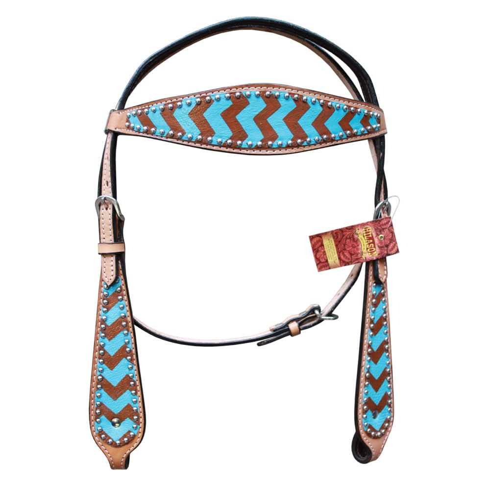HILASON Western Horse Genuine Leather Headstall & Breast Collar Set Turquoise & Brown Zigzag