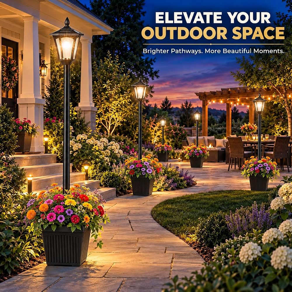 76 Inch Solar Lamp Post Light Outdoor with Planter – 70 Lumens, 4 Adjustable Heights, Black