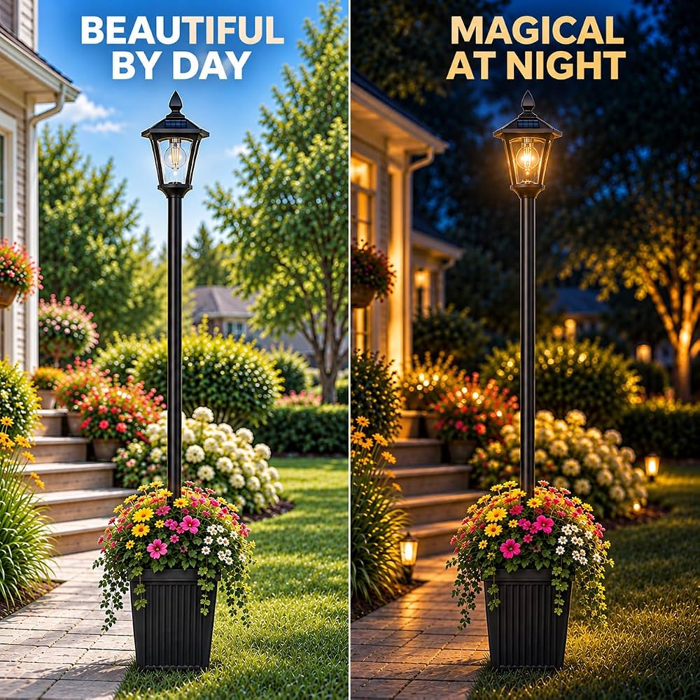 76 Inch Solar Lamp Post Light Outdoor with Planter – 70 Lumens, 4 Adjustable Heights, Black
