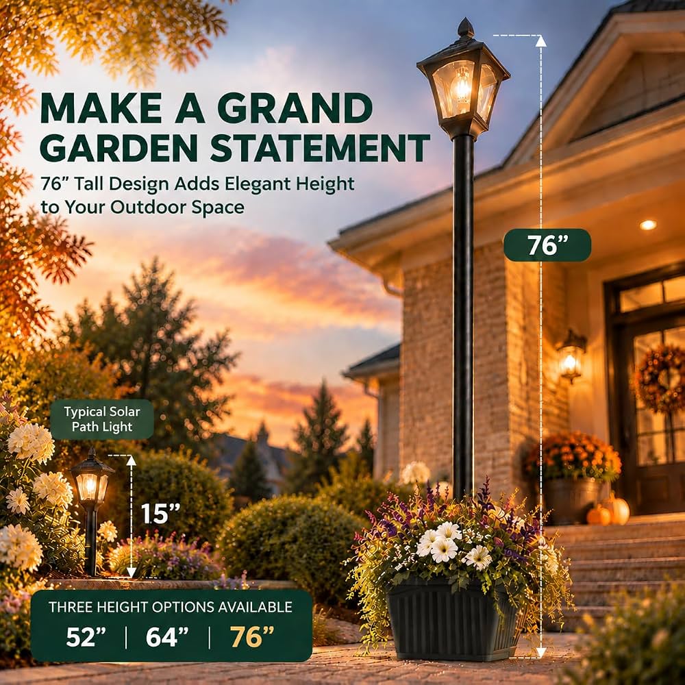 76 Inch Solar Lamp Post Light Outdoor with Planter – 70 Lumens, 4 Adjustable Heights, Black