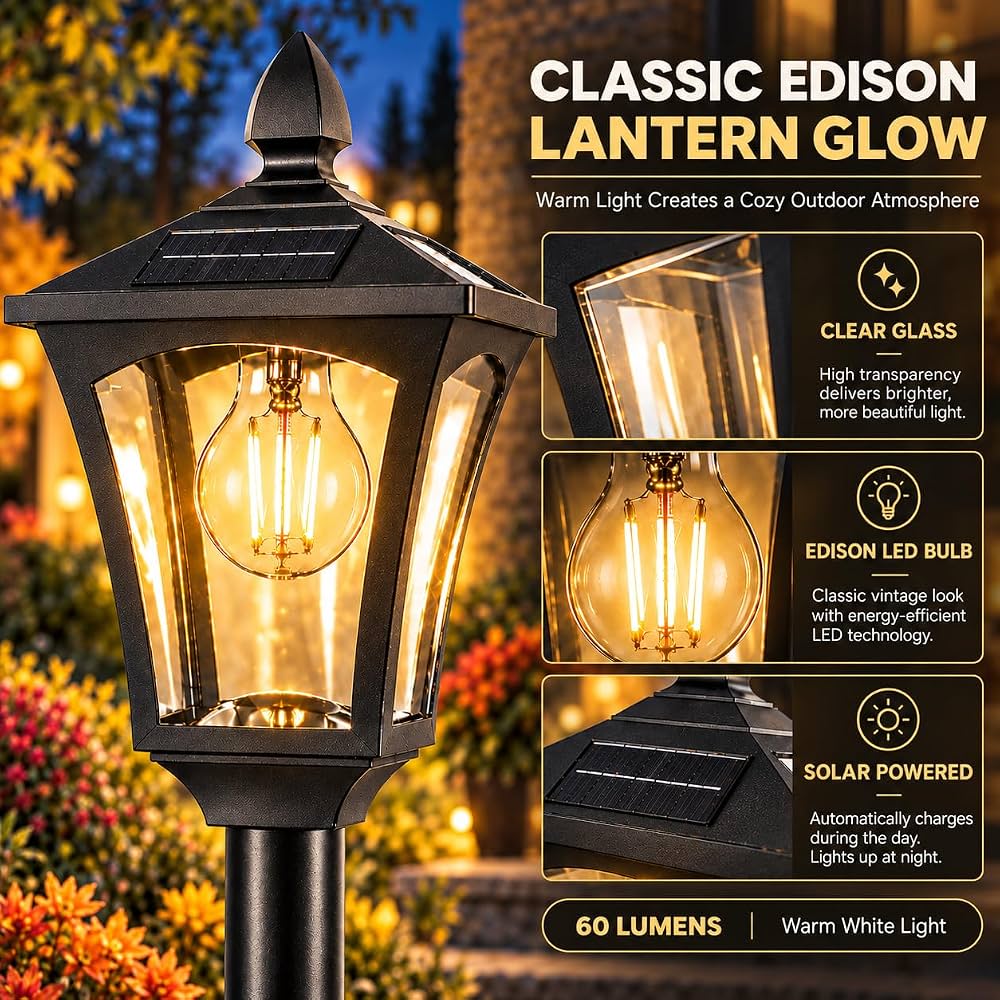 76 Inch Solar Lamp Post Light Outdoor with Planter – 70 Lumens, 4 Adjustable Heights, Black