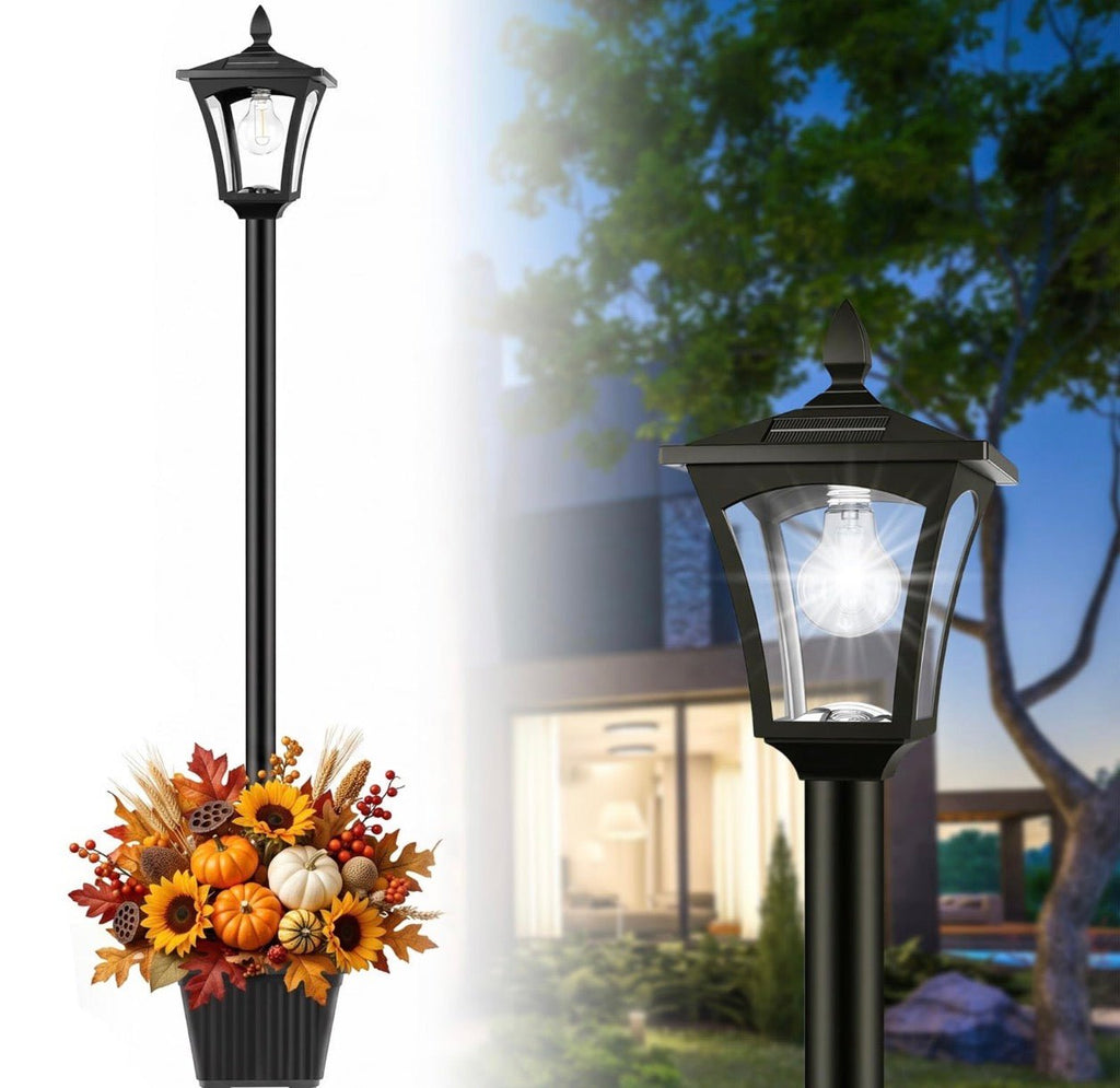 76 Inch Solar Lamp Post Light Outdoor with Planter – 70 Lumens, 4 Adjustable Heights, Black
