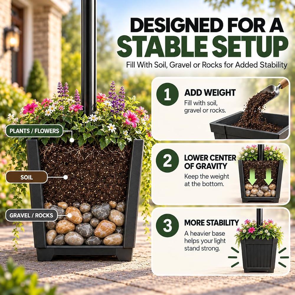 76 Inch Solar Lamp Post Light Outdoor with Planter – 70 Lumens, 4 Adjustable Heights, Black