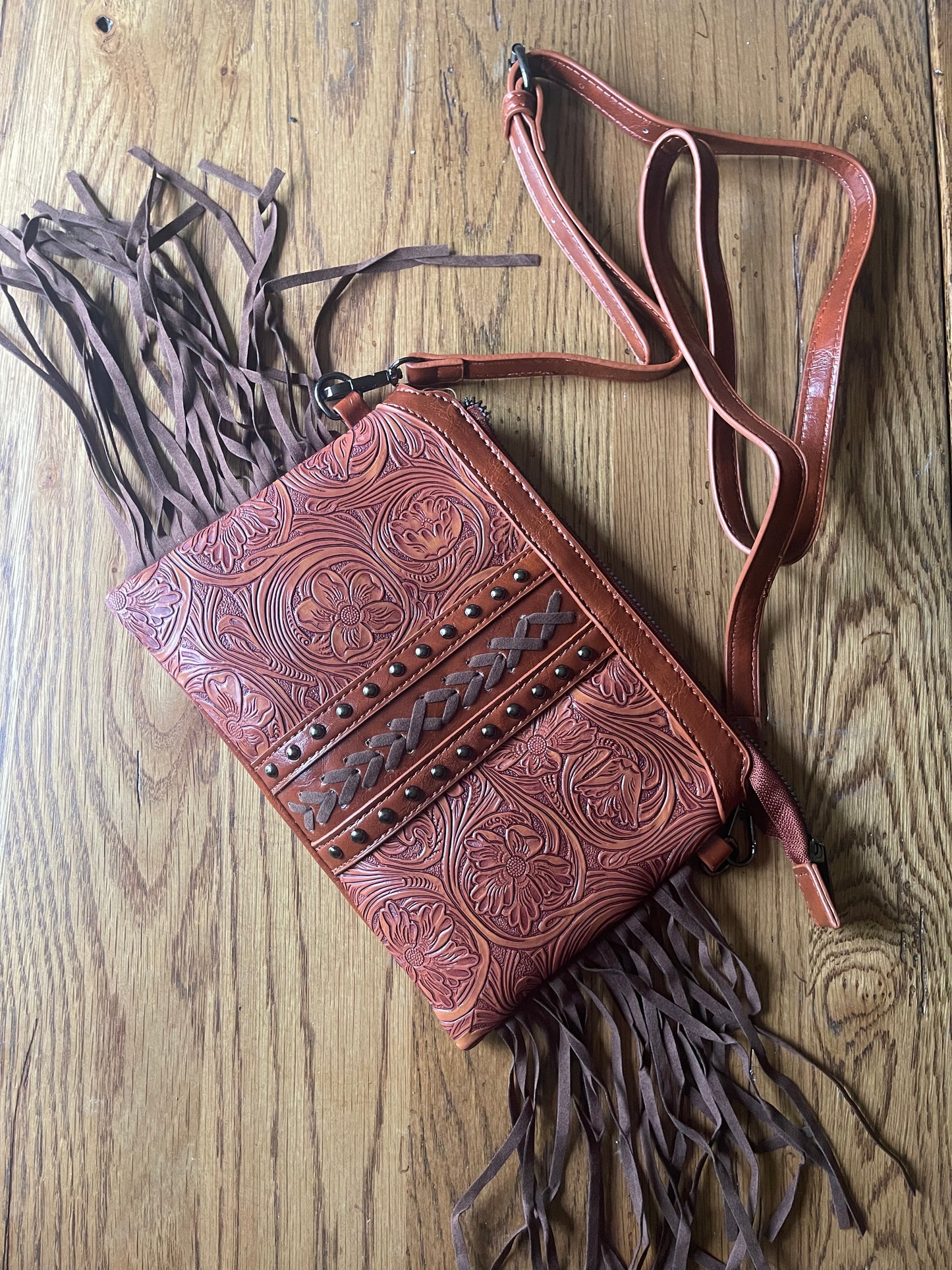 Tooled crossbody bag