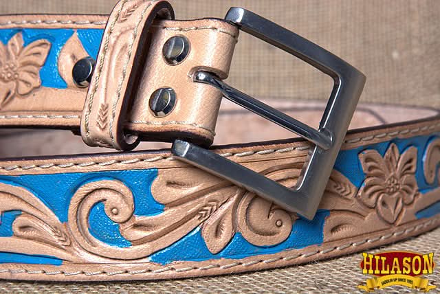 Unisex Western Full-Grain Leather Belt With Floral Tooled Design For Everyday Wear