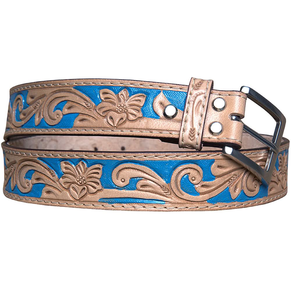 Unisex Western Full-Grain Leather Belt With Floral Tooled Design For Everyday Wear