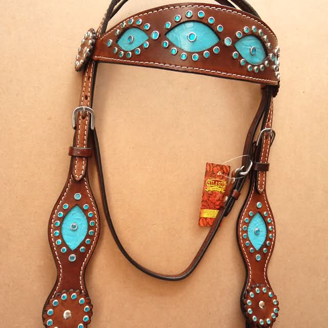 Hilason Western Leather Horse Headstall Turquoise Crocodile Brown