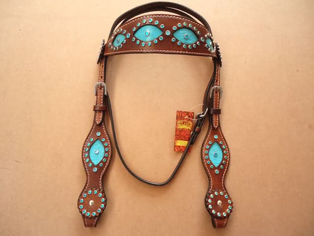 Hilason Western Leather Horse Headstall Turquoise Crocodile Brown