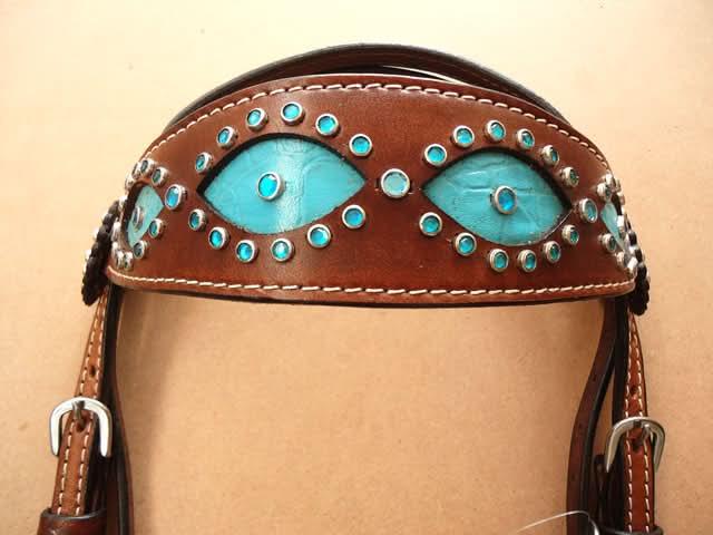 Hilason Western Leather Horse Headstall Turquoise Crocodile Brown