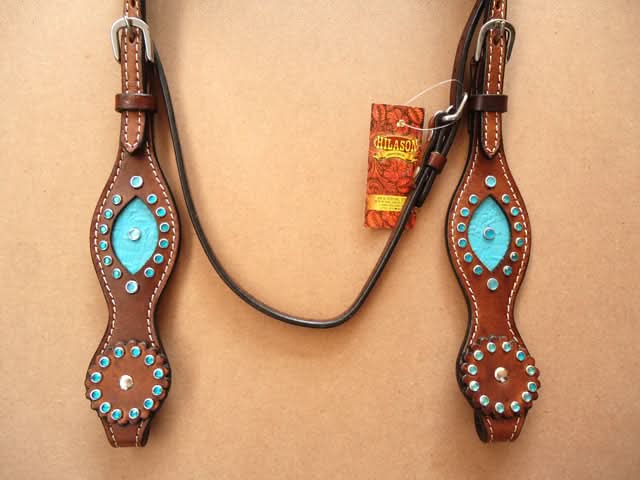 Hilason Western Leather Horse Headstall Turquoise Crocodile Brown