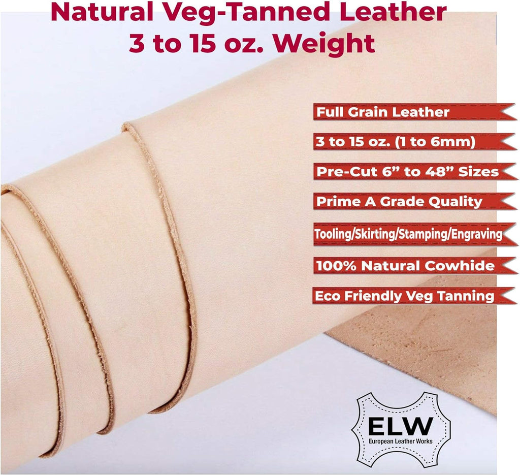Veg Tan Full Grain Tooling Leather 3/4 oz to 13/15 oz (1mm-6mm) Weight Pre-Cut Squares 6" to 48" Leathercraft, Stamping, Engraving, Molding, Dyeing