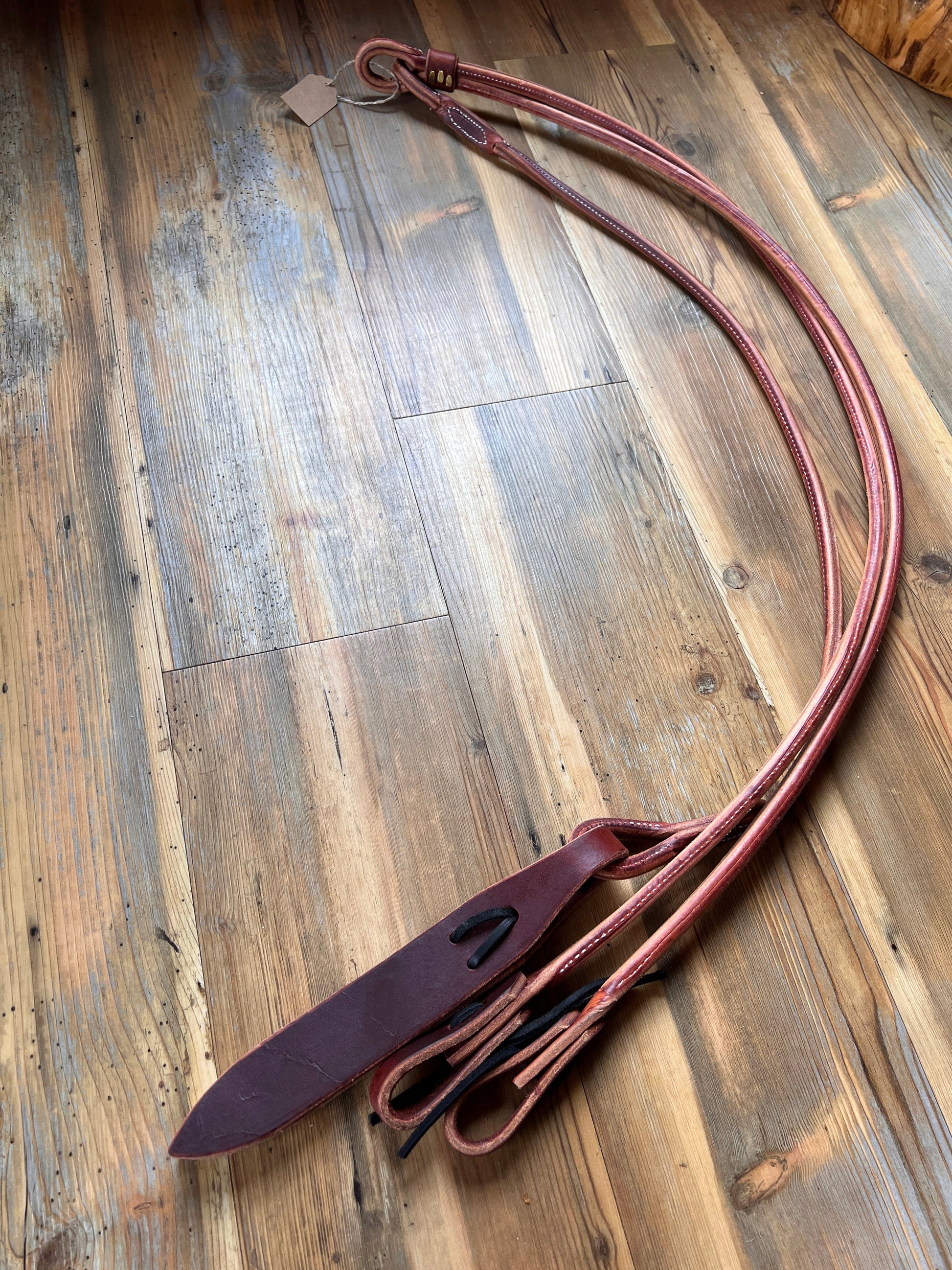 Harness Leather Romal Reins with Barbwire Popper. Made in the USA