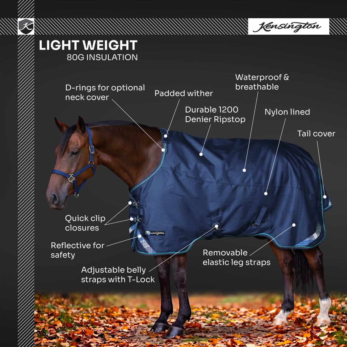 1200D Lightweight 80g Euro Cut Horse Winter Turnout Blanket - Waterproof & Breathable