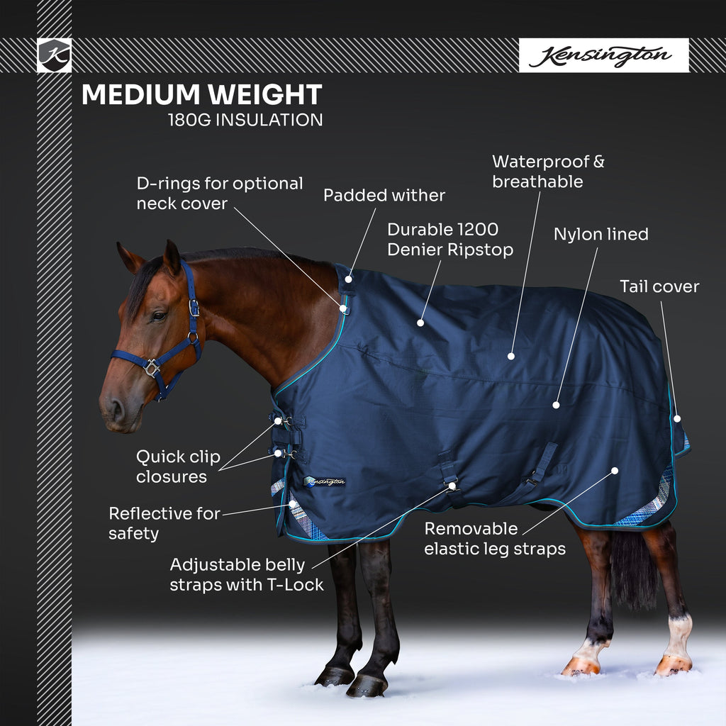 1200D Midweight 180g Euro Cut Horse Winter Turnout Blanket - Waterproof & Breathable